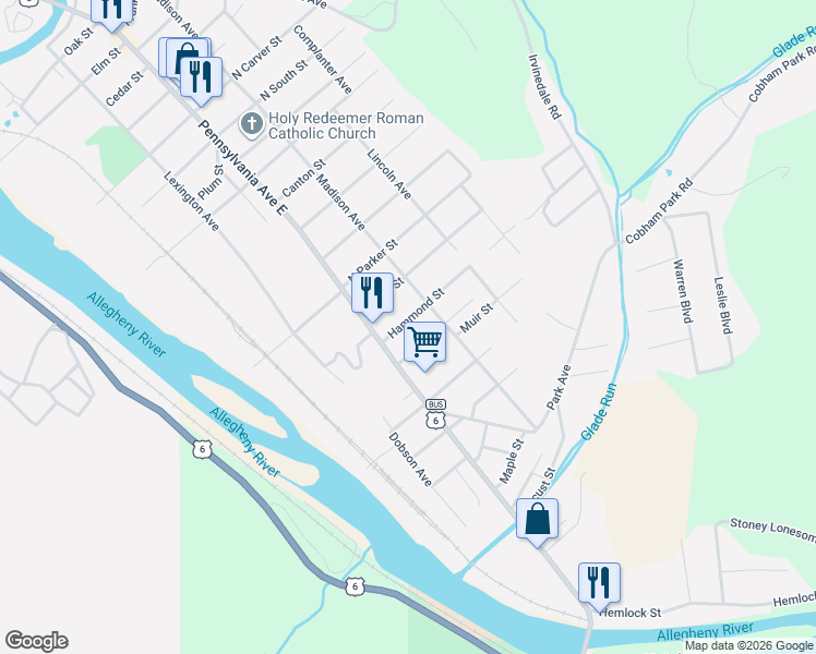 map of restaurants, bars, coffee shops, grocery stores, and more near 1511 Pennsylvania Avenue East in Warren