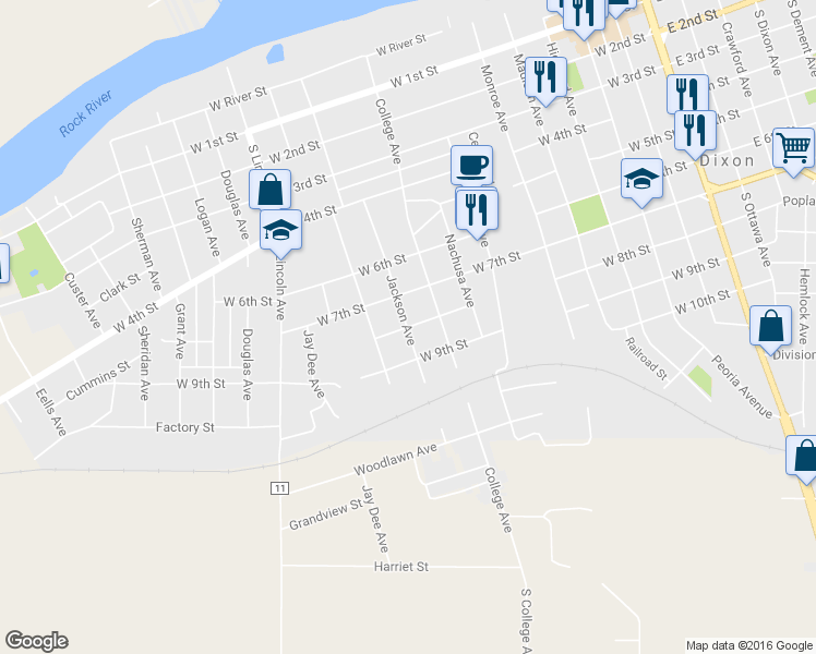 map of restaurants, bars, coffee shops, grocery stores, and more near 1099 West 8th Street in Dixon