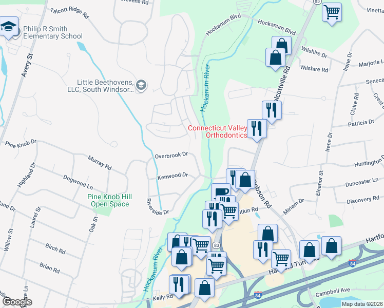 map of restaurants, bars, coffee shops, grocery stores, and more near 107 Overbrook Dr in Vernon