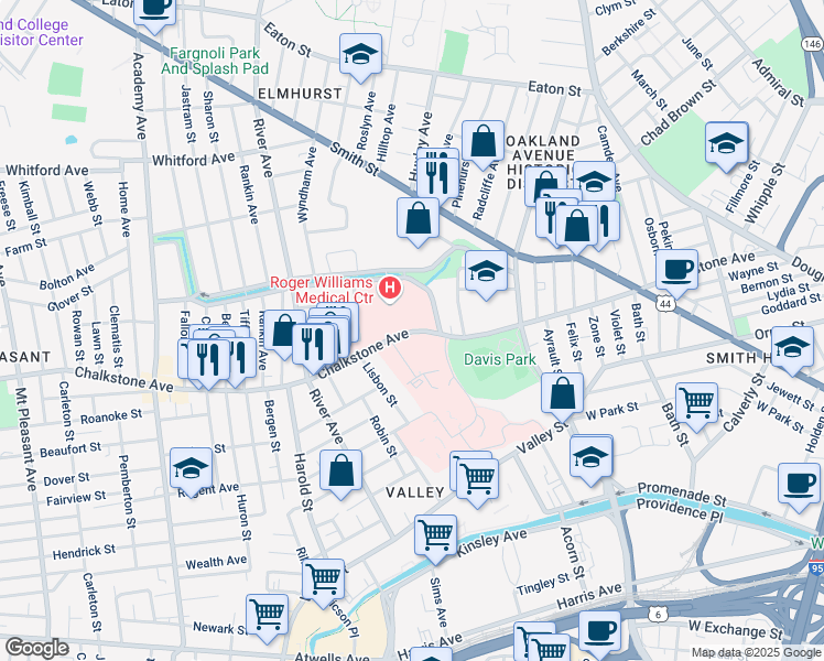 map of restaurants, bars, coffee shops, grocery stores, and more near Chalkstone Avenue in Providence