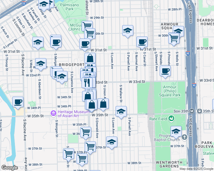 map of restaurants, bars, coffee shops, grocery stores, and more near 3331 South Union Avenue in Chicago