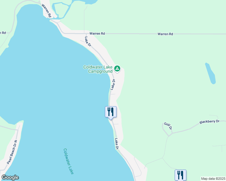 map of restaurants, bars, coffee shops, grocery stores, and more near 599 Lake Drive in Coldwater