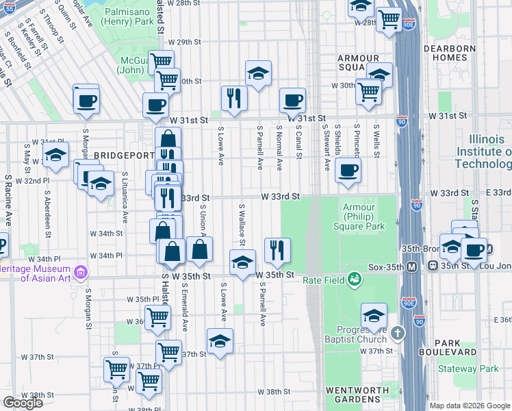 map of restaurants, bars, coffee shops, grocery stores, and more near 3330 South Parnell Avenue in Chicago
