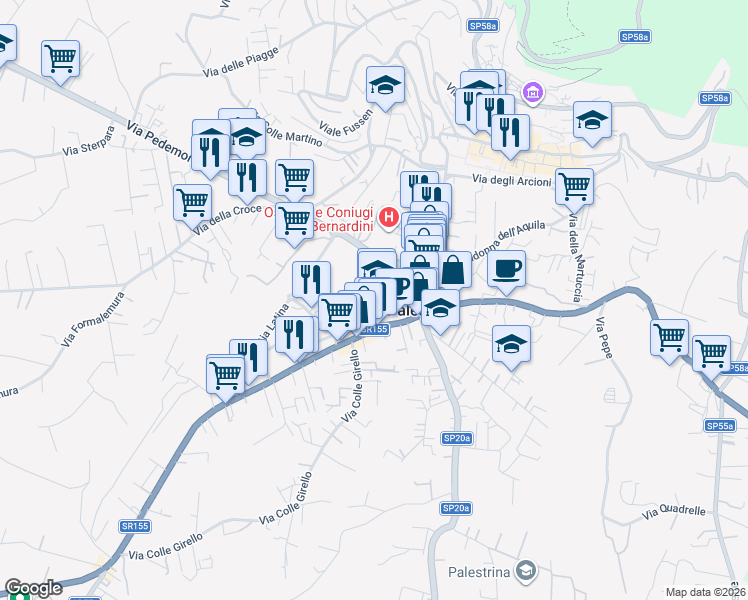 map of restaurants, bars, coffee shops, grocery stores, and more near 22 Viale Ungheria in Palestrina