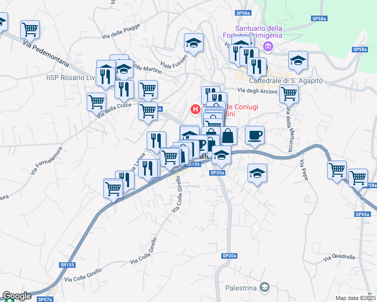 map of restaurants, bars, coffee shops, grocery stores, and more near 22 Viale Ungheria in Palestrina