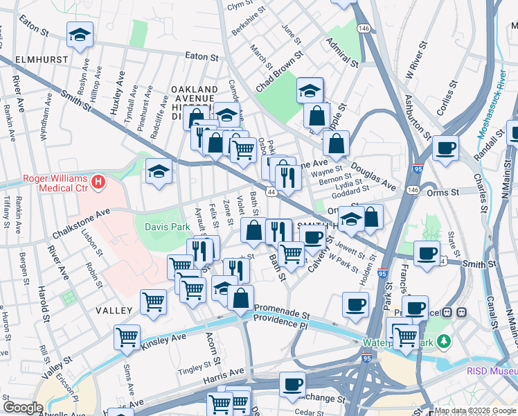 map of restaurants, bars, coffee shops, grocery stores, and more near 119 Bath Street in Providence