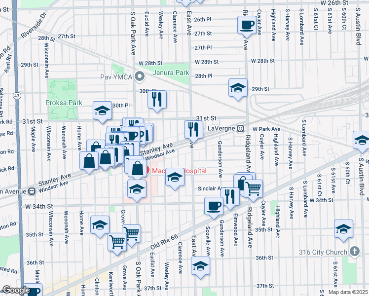 map of restaurants, bars, coffee shops, grocery stores, and more near 6606 Windsor Avenue in Berwyn