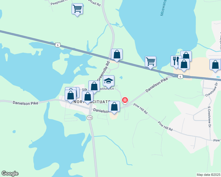 map of restaurants, bars, coffee shops, grocery stores, and more near Institute Lane in Scituate