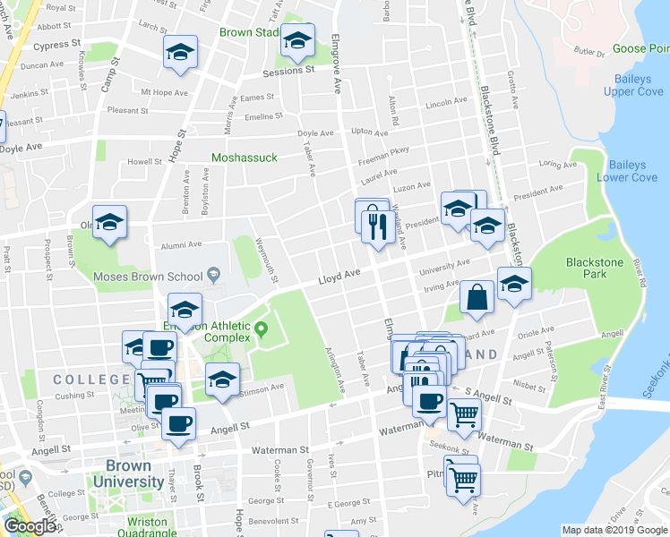 map of restaurants, bars, coffee shops, grocery stores, and more near 126 Taber Avenue in Providence