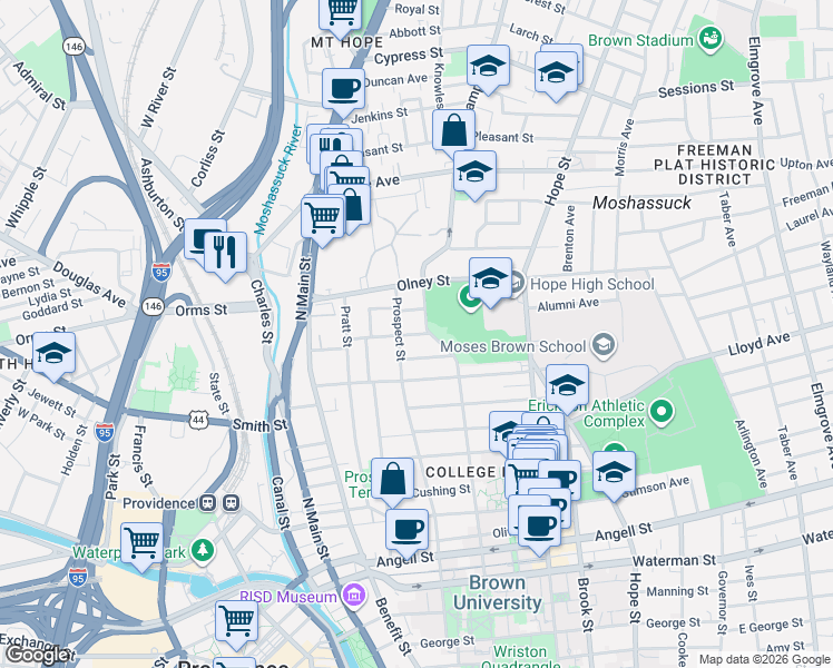 map of restaurants, bars, coffee shops, grocery stores, and more near 141 Prospect Street in Providence
