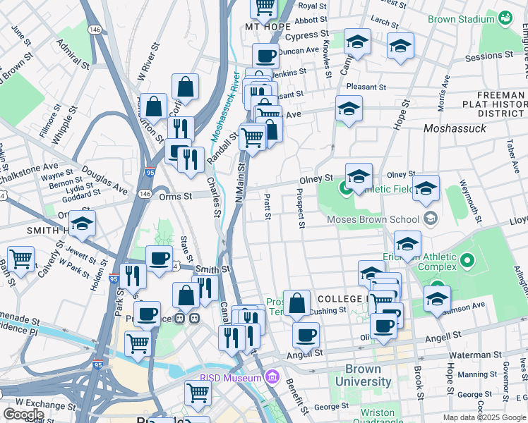 map of restaurants, bars, coffee shops, grocery stores, and more near 17 Halsey Street in Providence