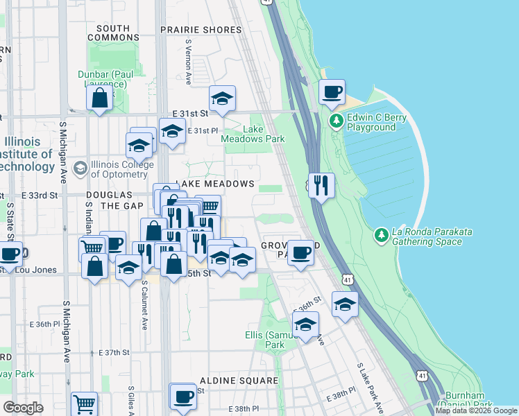 map of restaurants, bars, coffee shops, grocery stores, and more near 555 East 33rd Place in Chicago