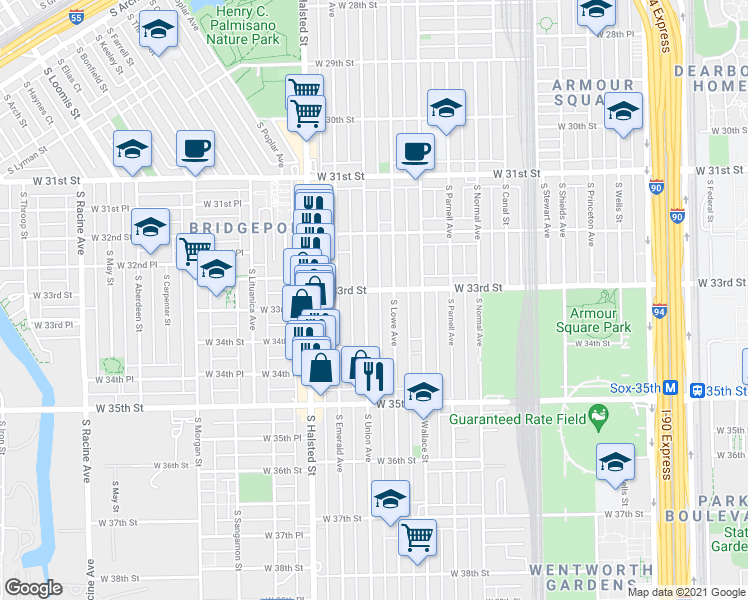 map of restaurants, bars, coffee shops, grocery stores, and more near 3331 South Union Avenue in Chicago