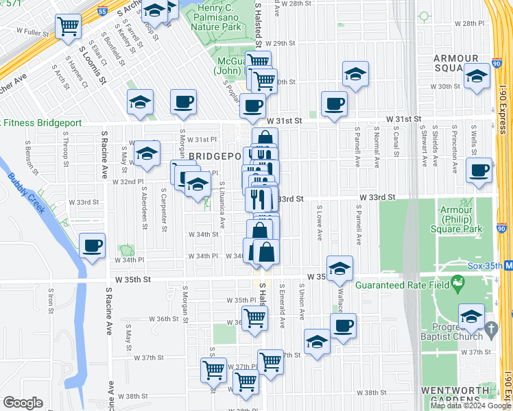 map of restaurants, bars, coffee shops, grocery stores, and more near 3344 South Halsted Street in Chicago