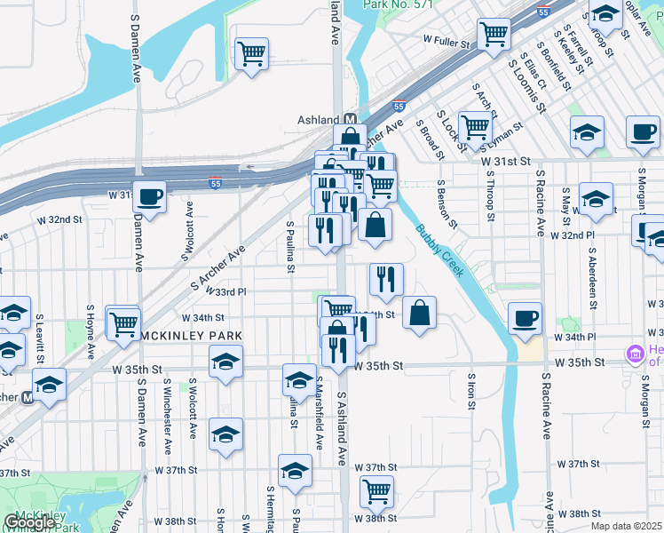 map of restaurants, bars, coffee shops, grocery stores, and more near 3320 South Ashland Avenue in Chicago