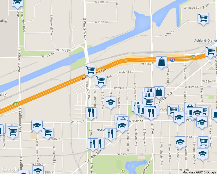 map of restaurants, bars, coffee shops, grocery stores, and more near 3313 South Oakley Avenue in Chicago