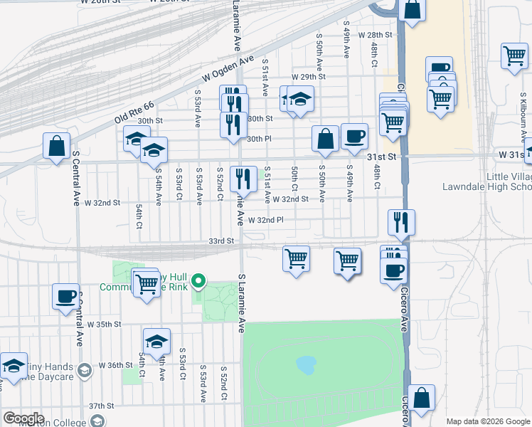 map of restaurants, bars, coffee shops, grocery stores, and more near 5059 West 32nd Place in Cicero
