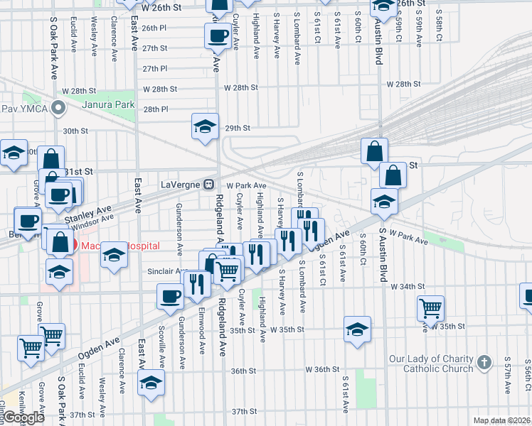 map of restaurants, bars, coffee shops, grocery stores, and more near 3217 Highland Avenue in Berwyn