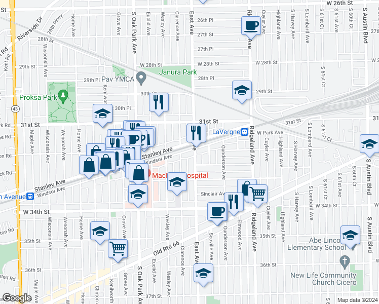 map of restaurants, bars, coffee shops, grocery stores, and more near 3219 Clarence Avenue in Berwyn