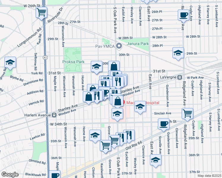 map of restaurants, bars, coffee shops, grocery stores, and more near in Berwyn
