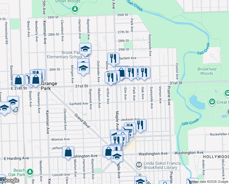 map of restaurants, bars, coffee shops, grocery stores, and more near 3136 Maple Avenue in Brookfield