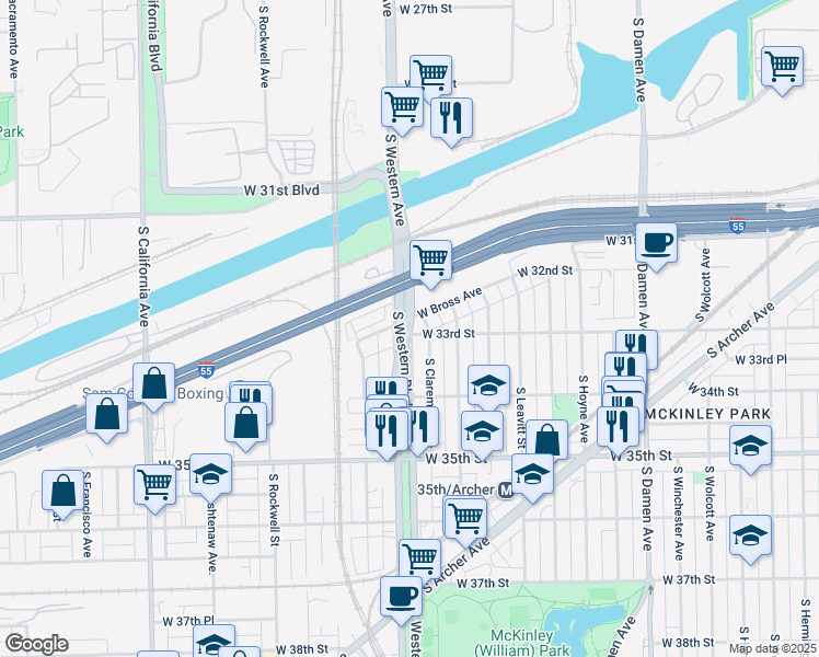 map of restaurants, bars, coffee shops, grocery stores, and more near 3150 South Western Boulevard in Chicago