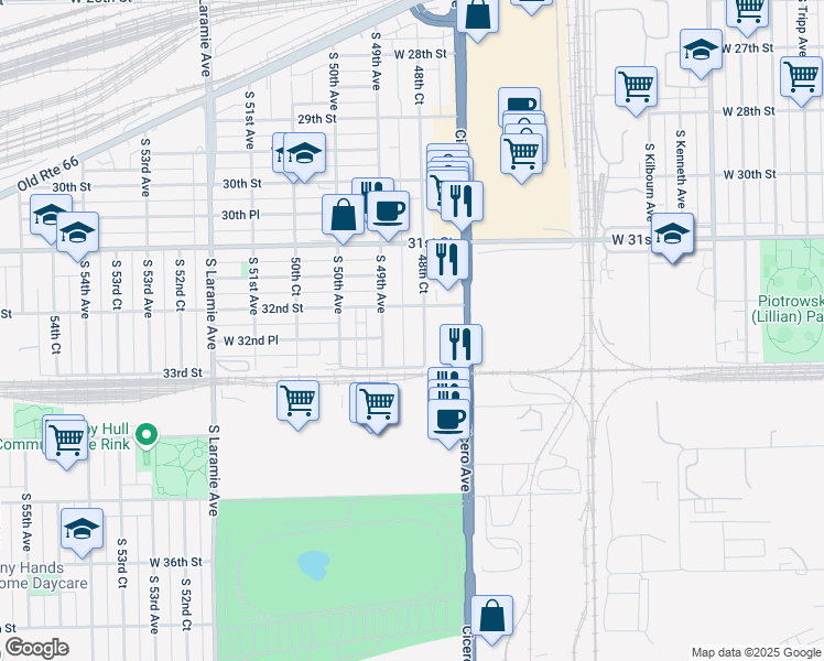 map of restaurants, bars, coffee shops, grocery stores, and more near 3234 48th Court in Cicero