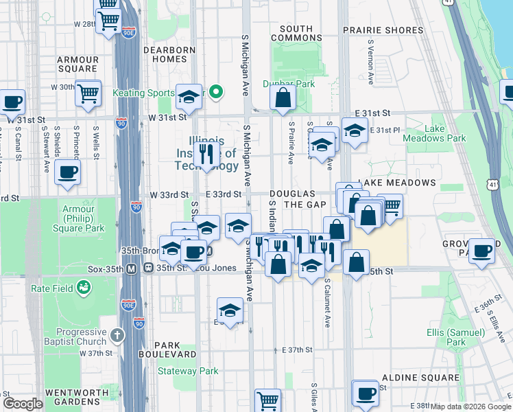 map of restaurants, bars, coffee shops, grocery stores, and more near 3341 South Michigan Avenue in Chicago