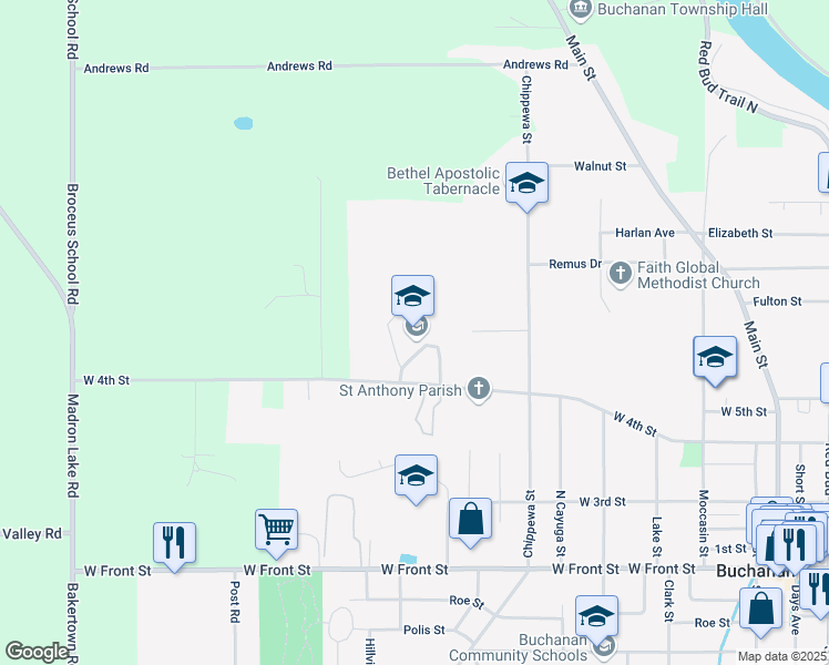 map of restaurants, bars, coffee shops, grocery stores, and more near 610 West 4th Street in Buchanan