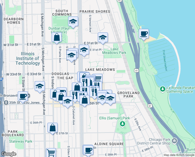 map of restaurants, bars, coffee shops, grocery stores, and more near South Rhodes Avenue & East 33rd Street in Chicago