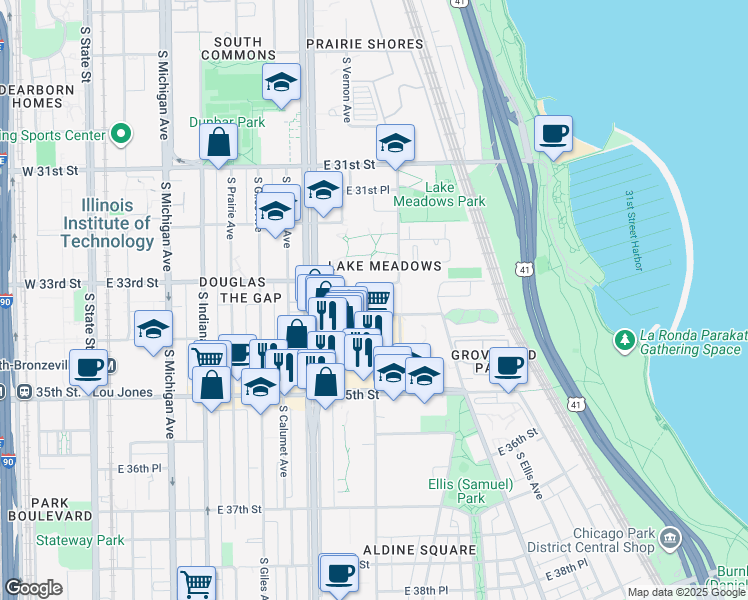 map of restaurants, bars, coffee shops, grocery stores, and more near 525 East 33rd Street in Chicago