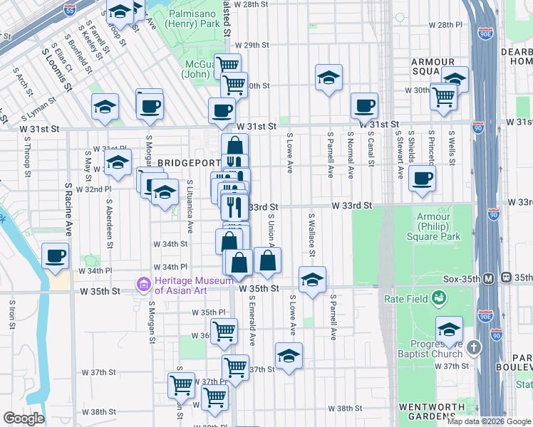 map of restaurants, bars, coffee shops, grocery stores, and more near 3306 South Union Avenue in Chicago