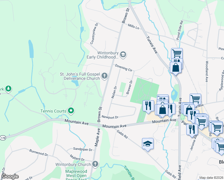 map of restaurants, bars, coffee shops, grocery stores, and more near 17 Nolan Drive in Bloomfield