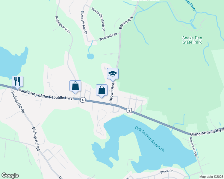 map of restaurants, bars, coffee shops, grocery stores, and more near 5 Brown Avenue in Johnston