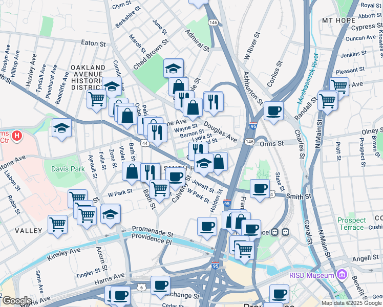 map of restaurants, bars, coffee shops, grocery stores, and more near 281 Smith Street in Providence