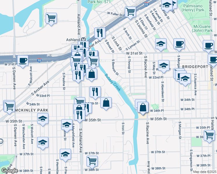 map of restaurants, bars, coffee shops, grocery stores, and more near 1430 West 34th Street in Chicago