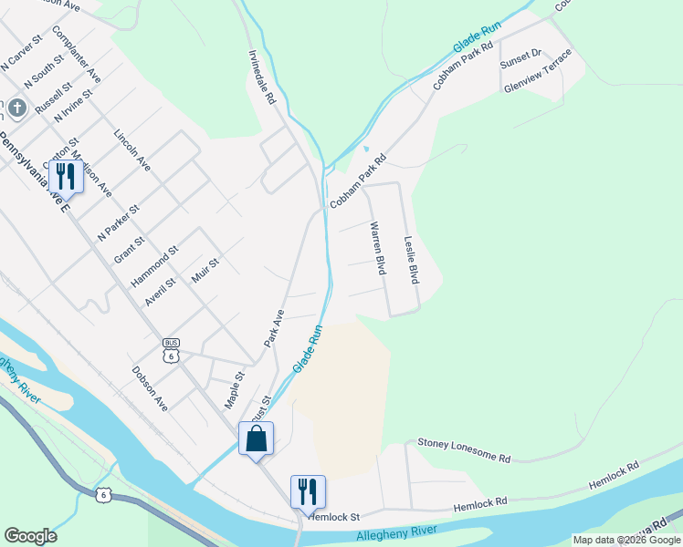 map of restaurants, bars, coffee shops, grocery stores, and more near 1231 1/2 Fisher Street in Warren