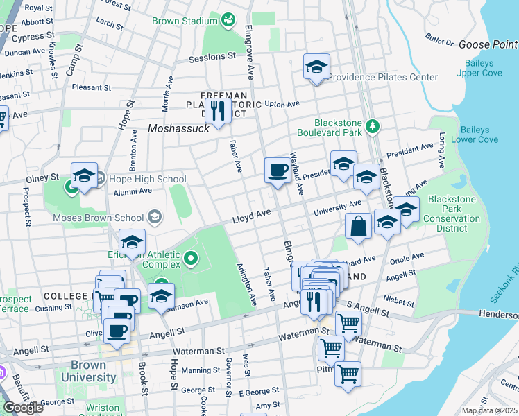 map of restaurants, bars, coffee shops, grocery stores, and more near 126 Taber Avenue in Providence