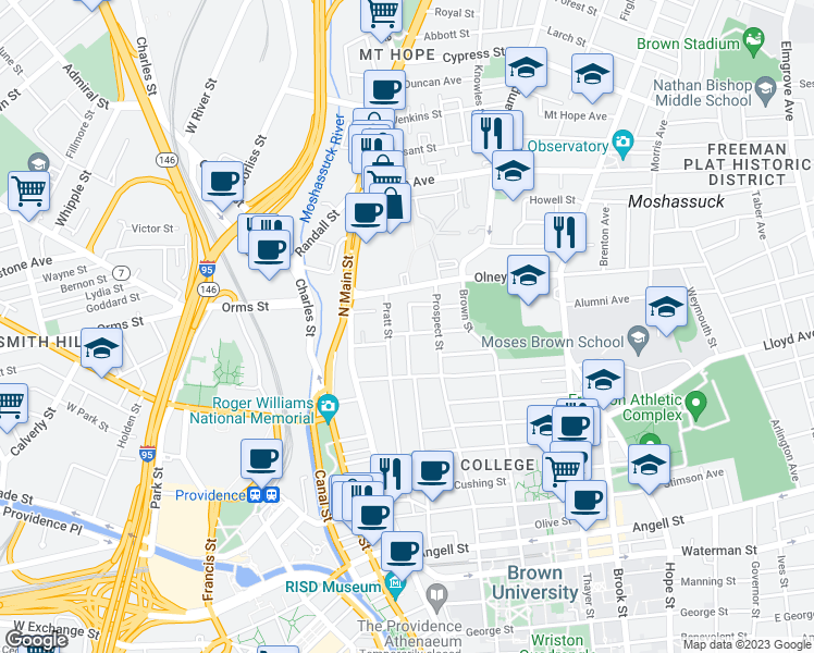 map of restaurants, bars, coffee shops, grocery stores, and more near 153 Congdon Street in Providence
