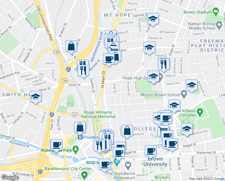 map of restaurants, bars, coffee shops, grocery stores, and more near 17 Halsey Street in Providence