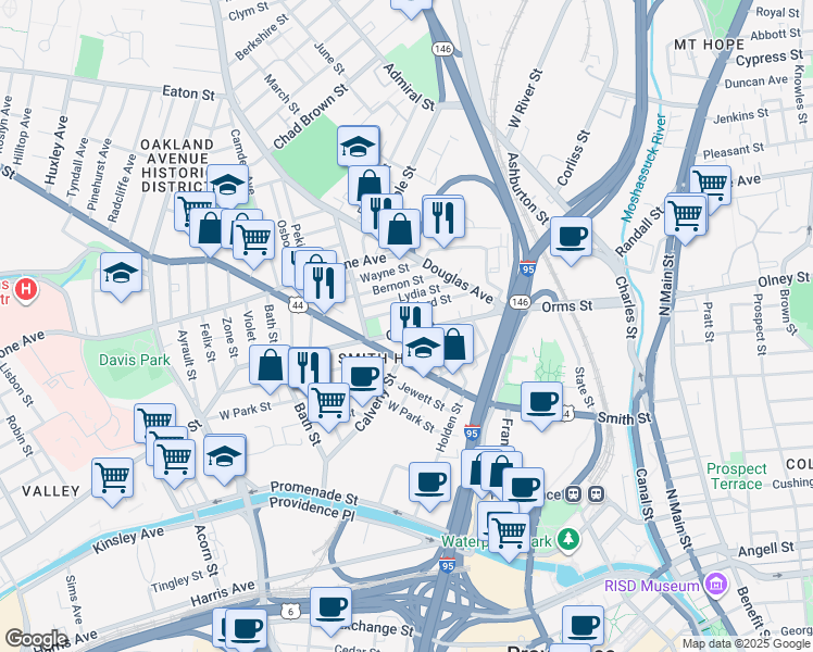 map of restaurants, bars, coffee shops, grocery stores, and more near 281 Smith Street in Providence