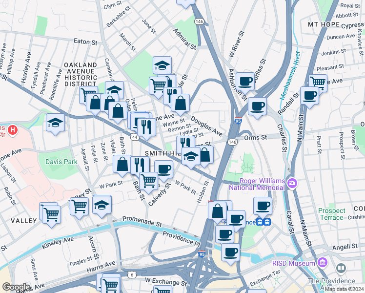 map of restaurants, bars, coffee shops, grocery stores, and more near 281 Smith Street in Providence