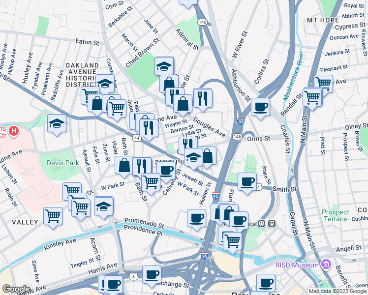 map of restaurants, bars, coffee shops, grocery stores, and more near 281 Smith Street in Providence