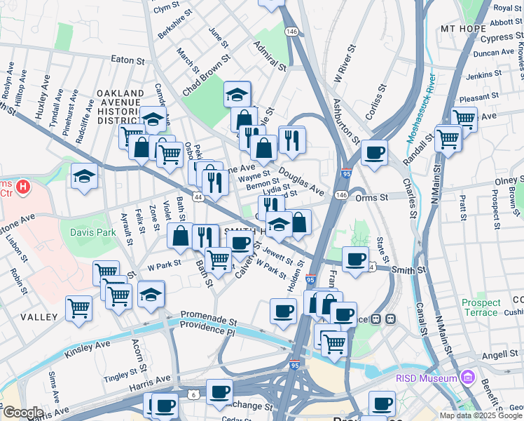 map of restaurants, bars, coffee shops, grocery stores, and more near 281 Smith Street in Providence