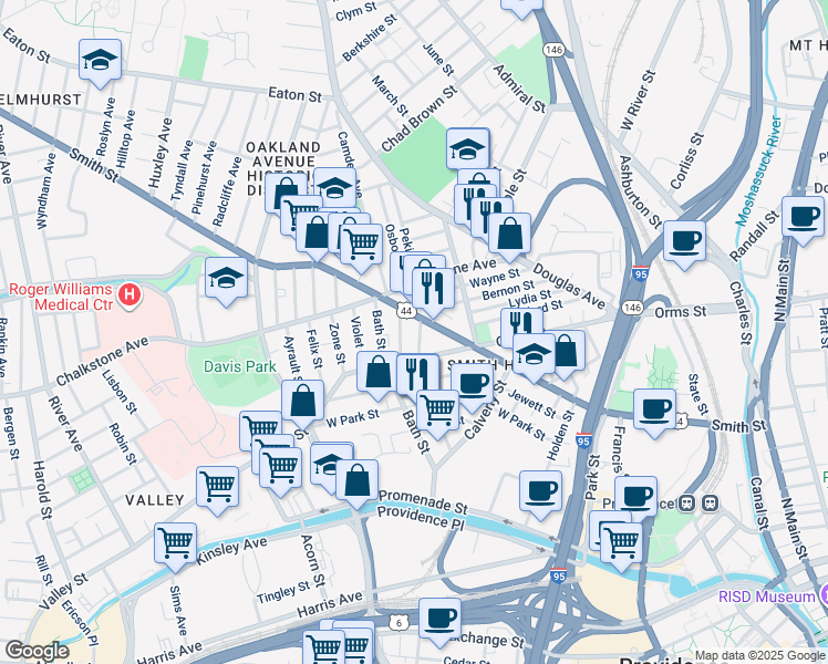 map of restaurants, bars, coffee shops, grocery stores, and more near 347 Orms Street in Providence