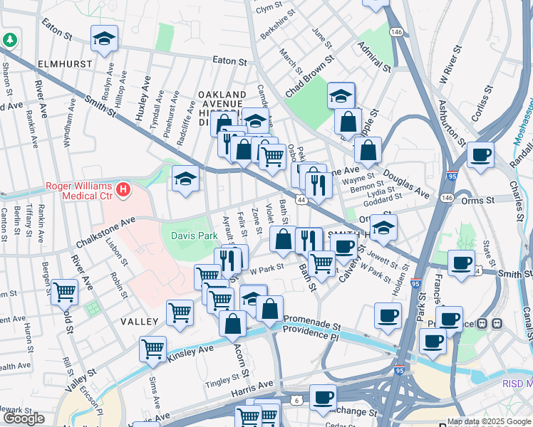 map of restaurants, bars, coffee shops, grocery stores, and more near 17 Zone Street in Providence
