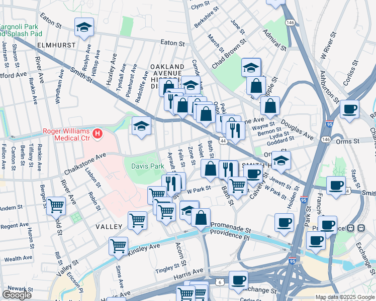 map of restaurants, bars, coffee shops, grocery stores, and more near 17 Zone Street in Providence