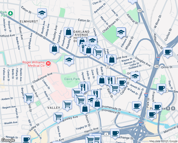 map of restaurants, bars, coffee shops, grocery stores, and more near 52 Felix Street in Providence