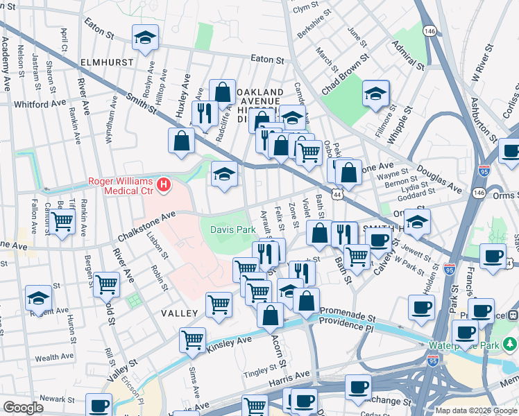 map of restaurants, bars, coffee shops, grocery stores, and more near 79 Pleasant Valley Parkway in Providence