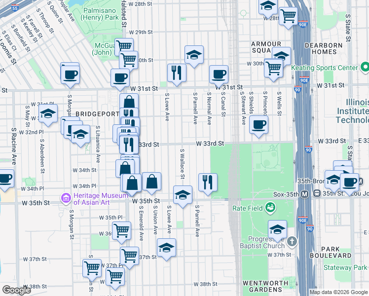 map of restaurants, bars, coffee shops, grocery stores, and more near 3330 South Parnell Avenue in Chicago